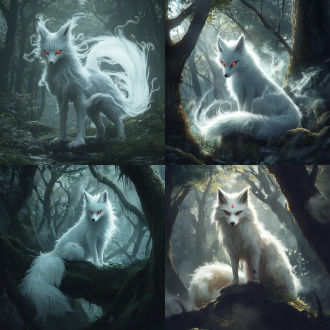 森林参天古树下白狐，九尾散发白气红眸眉心妖记，远景全身，东方玄幻风，8k高清，丁达尔光，神秘氛围。