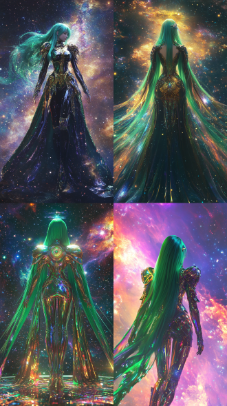 背景是神秘的宇宙星云，绿色长发的东方女性，身穿仙女座圣衣（圣斗士瞬的造型），金属光泽，七彩色，远景，全身，面对屏幕，画面居中，c4d，国漫风格，超写实摄影海报，32k超清
