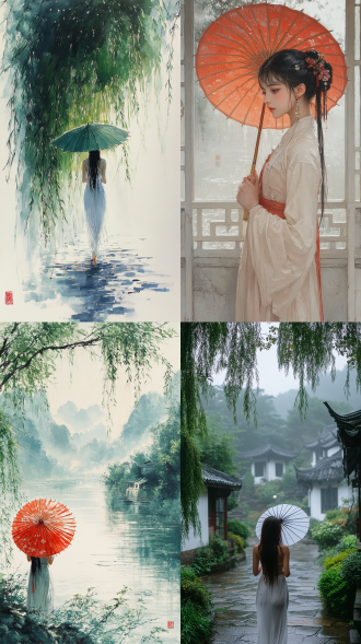 中国风，山水，现实主义，烟雨江南，江水、绿柳、白墙灰瓦，古装仕女，侧脸，撑着油纸伞，32k超高清