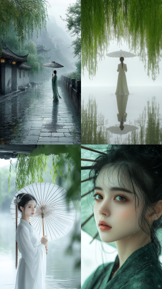 中国风，山水，现实主义，烟雨江南，江水、绿柳、白墙灰瓦，古装仕女，侧脸，撑着油纸伞，32k超高清