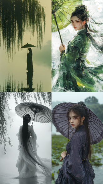 中国风，山水，现实主义，烟雨江南，江水、绿柳、白墙灰瓦，古装仕女，侧脸，撑着油纸伞，32k超高清