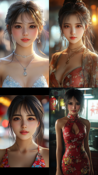 中国美女，三分构图，中景，全身，连衣裙，城市背景，逆光，微笑，优雅气质，8k画质。 虚幻引擎