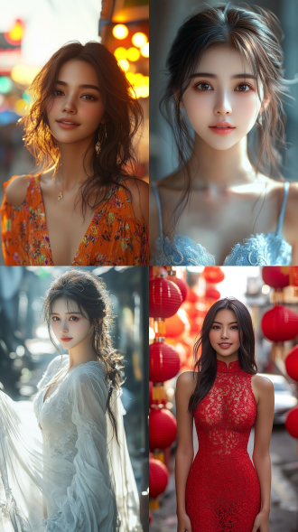 中国美女，三分构图，中景，全身，连衣裙，城市背景，逆光，微笑，优雅气质，8k画质。 虚幻引擎