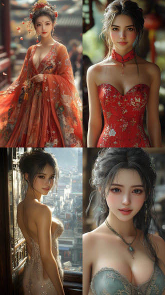 中国美女，三分构图，中景，全身，连衣裙，城市背景，逆光，微笑，优雅气质，8k画质。 虚幻引擎