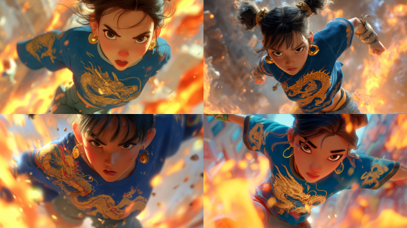 年轻女性角色，亚洲人种，大约15岁，穿着深蓝色上衣，上面印有金色龙图案，服饰设计具有东方风格，面部表情坚定，眼神充满力量，短发，耳朵上戴着金色的耳饰，面部轮廓清晰，五官立体，皮肤温暖的橙色调，充满力量感和活力，动态的姿势，正处于攻击状态，周围有火焰和特效，背景模糊，光影对比强烈，色彩饱和度高，风格类似动画电影，具有漫画风格，近距离特写视角，突出面部表情和服饰细节，强调动感和能量，超高清画质，