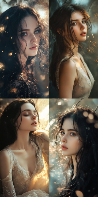 清秀空灵少女，对角线构图，奇幻空间，长焦镜头，逆光，暖色调，飘逸，灵动，白皙肌肤，黑发银符文微光。