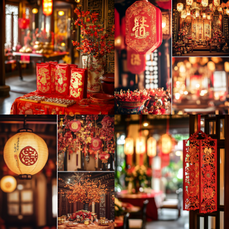 古代江南古宅婚礼布置，三分法构图，暖黄调，室内，长焦镜头，顶光，忙碌动作，红绸喜字，喜庆氛围。