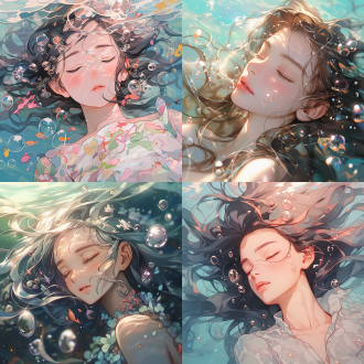 少女梦中，轻盈呼吸，水中躺卧，梦幻场景，彩色气泡环绕，极高分辨率，卡通风格，柔和光线，水下视角，广角镜头，细腻肌肤，宁静表情，温暖色调，梦幻氛围。