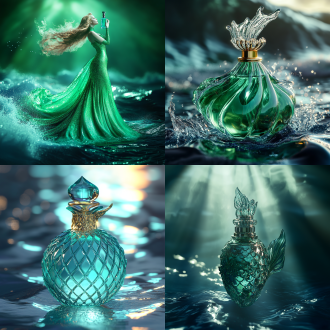 美人鱼托奢华香水，海浪环绕，深海阳光，8k高品质，广角相机，波浪冲击，视觉震撼，高光溢出，细腻纹理，透明质感，蓝绿反射，柔和阴影，奢华感，复古香气，oc渲染器，超现实主义，全身，深蓝，高调照明，梦幻灯光，背景虚化，丁达尔效应，光追反射，oc渲染器