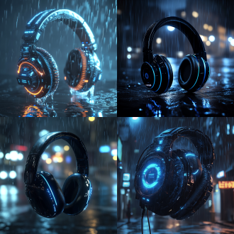 科技耳麦设计，炫酷造型，创意广告效果，超高分辨率，最高质量，科技感，朋克风格，微距镜头，声波背景，细节清晰，未来感，下雨，背景虚化，丁达尔效应，光追反射，oc渲染器