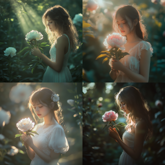 女孩持芍药花，三分构图，花园场景，冷色调，长焦镜头逆光，慢快门，女孩站姿优雅有疏离感。