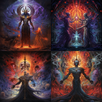 帅气人物光明神与黑暗神对峙，对称布局，奇幻空间，高饱和色彩，长焦镜头，顶光，凝视，有骷髅、炽天使，神圣邪恶对立，服装美。