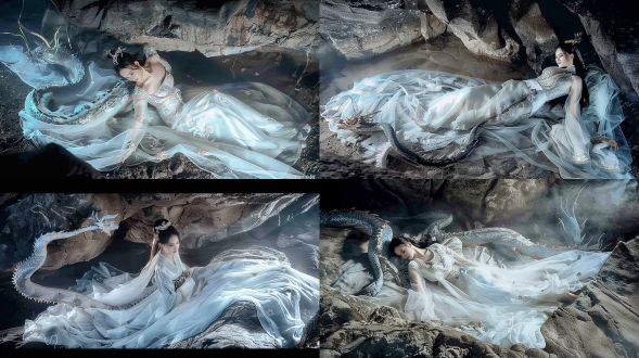 躺卧的龙女，龙尾展开，全身照，脸部特写，线色皮肤，额头龙角和鳞片，火辣身材，银白色鳞片，身材线条流畅，高对比度，暗色调，有光泽度，广角镜头，侧光，动态捕捉，冷酷表情，汉服，山洞背景 全身 麒麟 中国龙 光追反射 樱桃 洞穴