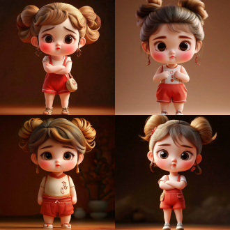 一个可爱的外国小女孩，金色大波浪卷发，穿着背心短裤，双手伸进短裤兜里，沮丧的低着头走路，抬头仰视看看皱着眉，挑了挑眉毛做了个鬼脸。自然光线，夏日炎炎，全身照，写实风格，3d风格，搞笑风格，明亮的光线，纯色背景，高品质，高细节，8k，oc渲染，高分辨率，