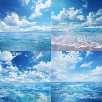 海天一色，天空是浅蓝色，白云袅袅，海水蔚蓝色，波涛汹涌，广角镜头，远景，自然景观，蓝白色调，柔和光线，壮丽，宁静。