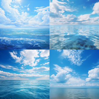 the sea and sky blend into one, the sky is a light blue, white clouds gently drift, the sea is a deep azure, waves are tumultuous, wide-angle lens, panoramic view, natural landscape, blue and white tones, soft light, magnificent, serene.