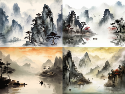 create a digital representation of a chinese splashed-ink landscape painting reminiscent of the style of song huizong. the artwork should showcase dramatic, mist-shrouded mountains, winding rivers, and the meditative essence of the song dynasty's classical landscape art. use bold splashes of ink and fine brushwork to capture the essence of the traditional chinese ink painting, transporting the viewer to a serene, timeless landscape