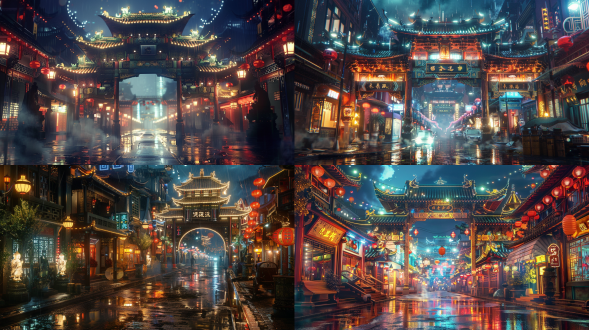 蒸汽朋克城市街道背景，街道上装饰佛教笔画雕像,拱形中式寺庙建筑，夜晚灯光效果，灯火通明，灯光璀璨，高清，震撼