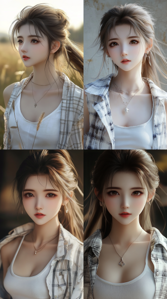 女孩，全身照，五官精致，肤白貌美，清纯，白色无袖衬衫，外搭白色格子外套，画面细节精致，16k高清画质，写实，真实，光影处理细腻，