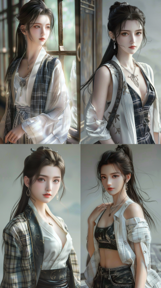 女孩，全身照，五官精致，肤白貌美，清纯，白色无袖衬衫，外搭白色格子外套，画面细节精致，16k高清画质，写实，真实，光影处理细腻，