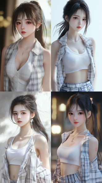 中国女孩，全身照，五官精致，肤白貌美，清纯，美人痣，白色无袖衬衫，外搭白色格子外套，画面细节精致，16k高清画质，写实，真实，光影处理细腻，