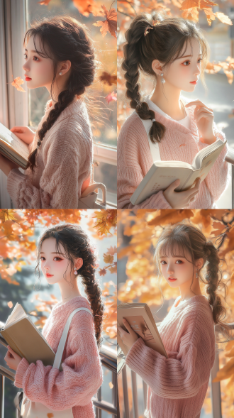 中国美少女，淡粉色针织开衫，帆布斜挎包，珍珠耳钉，双马尾麻花辫，睫毛自然卷翘，午后阳光透过玻璃窗洒落，少女手捧书本倚靠栏杆，微风轻拂发丝，白色帆布鞋，丁达尔效应光晕，秋日落叶，指尖撩发，