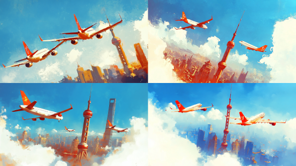 三架飞机飞过蓝天下方上海城市景色，扁平风插画，几何简约矢量风格，鸟瞰构图，冷色调，全景镜头，平光，飞行，宁静。