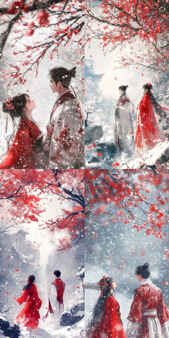 红色梅花下，少女着红斗篷抬头仰望，男子穿红白古装亦在观看，雪景古风，插画动漫水墨风，全景构图，冷色调，长焦镜头，逆光，静谧。