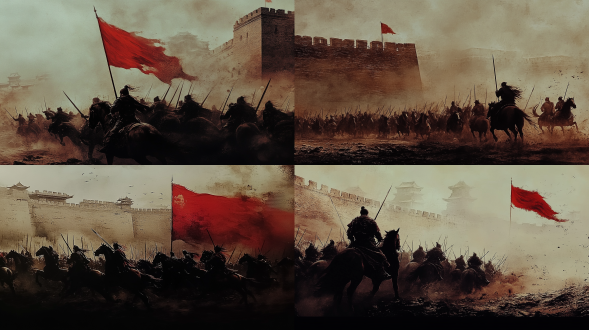 古代战场，千军万马，残垣断壁，沙尘滚滚，宋朝城墙 长焦拍摄 古剑 全景长卷轴