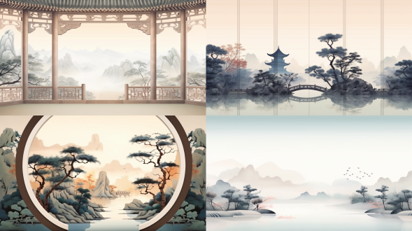 中国特色彩绘图案，山水留白，简约风格，对称构图，柔和光线，自然环境，长焦镜头，淡雅色彩，宁静氛围，传统美学。