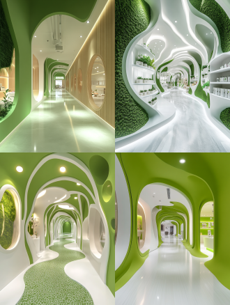 菌菇企业走廊，10米长2.5米宽3.6米高，白绿主调，一侧文化版面一侧车间，地胶，对称布局，自然光，中焦镜头，明亮专业。