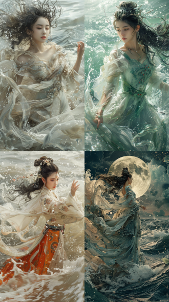 女洛神，身穿浪花做的衣服，在海面上飞舞