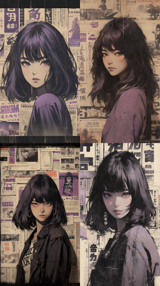 black-and-white photograph of a side portrait of an asian girl with a thoughtful expression, the background is purple, with a gritty, vintage poster-style texture.