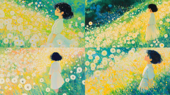 远景春天草地蒲公英盛开，小女孩白衫黑短发背影远去，丙烯风格，三分法构图，暖光，远景镜头，柔和色彩，宁静氛围。