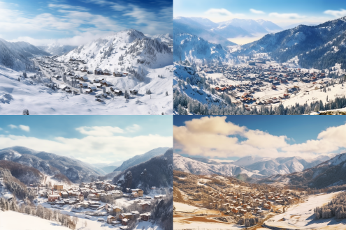 全景山村雪景，长焦镜头俯视，画面开阔大气，白茫茫一片，蓝天白云，阳光斜射，4k高清，写真风格，暖色调，宁静，摄影佳作。