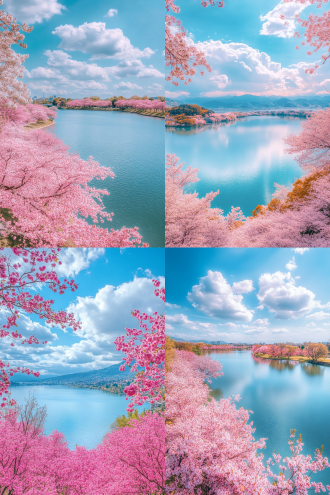 航拍蓝天白云下湖边花草与樱花树林，全视角大风景，对角线构图，8k超清，亮粉色调，侧逆光，真实细腻，治愈感。
