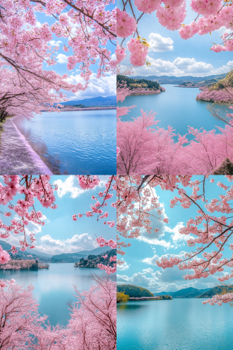 32k超清，（（（超清）））摄影，45度角俯视摄影，蓝天白云下湖边花草与樱花树林，全视角大风景，上下构图，8k超清，亮粉色调，侧逆光，真实细腻，超逼真，治愈感。