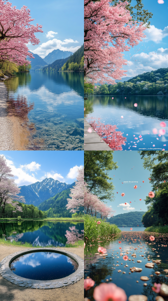 【核心构图】 9:16超宽画幅，模拟32k分辨率（32768×18432像素），采用14mm超广角视角。画面由天空（30%）、花树拱廊（40%）、镜面湖水（20%）、黛色山脉（10%）构成四层空间，小径延伸线与湖岸线呈45°对角线切割画面。 【环境参数】 • 天空：#004080钴蓝色，薄云层透射#ffd700金黄色阳光光柱 • 湖水：#008b8b深青渐变，倒影清晰度达水下1.5米，水草摇曳/游鱼鳞片反光可见 • 山脉：#4b5320墨绿针叶林，空气透视衰减模拟海拔300米远景 • 光照：f8景深控制，动态范围15档hdr效果，模拟每秒24帧动态光斑 【植物细节】 • 樱花垂柳拱廊：15米高双生树阵，樱花#ffd7e5粉白花瓣半透明，边缘绒毛纹理0.01mm级呈现，树皮裂纹3mm深斑驳质感 • 柳树：#翠绿垂枝，随风动态模糊处理 • 树影：0.3px笔刷描绘石板路光影纹路，枝干投影与花瓣光斑形成0.5mm级光影交织 【意境强化】 光影：花瓣间#ffd700金黄光斑随时间轴流动，露珠折射呈现0.01mm级晶状反光 透视：近景樱花树直径1.2米，远景缩小至0.3米，0.5%透视畸变增强纵深感 色彩：天空钴蓝→湖面天蓝→山体墨绿的冷暖渐变，光斑金黄与花瓣粉白形成互补色对比 细节：水面波纹采用液化工具+波纹滤镜，山脉采用渐变映射+模糊工具模拟空气透视 【创作建议】 • 混合模式：花瓣采用柔光+叠加突出半透明质感 • 笔刷精度：树影纹路使用0.3px笔刷，花瓣露珠采用0.01mm级晶状笔刷 • 风格参考：《国家地理》封面级自然摄影，重点表现"人在画中游"的沉浸式场景 • 输出要求：8k显示器预览，确保花瓣绒毛、树皮裂纹、光斑颗粒度达到0.5mm级视觉精度 湖泊 天空 农田 森林