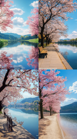 【核心构图】 9:16超宽画幅，模拟32k分辨率（32768×18432像素），采用14mm超广角视角。画面由天空（30%）、花树拱廊（40%）、镜面湖水（20%）、黛色山脉（10%）构成四层空间，小径延伸线与湖岸线呈45°对角线切割画面。 【环境参数】 • 天空：#004080钴蓝色，薄云层透射#ffd700金黄色阳光光柱 • 湖水：#008b8b深青渐变，倒影清晰度达水下1.5米，水草摇曳/游鱼鳞片反光可见 • 山脉：#4b5320墨绿针叶林，空气透视衰减模拟海拔300米远景 • 光照：f8景深控制，动态范围15档hdr效果，模拟每秒24帧动态光斑 【植物细节】 • 樱花垂柳拱廊：15米高双生树阵，樱花#ffd7e5粉白花瓣半透明，边缘绒毛纹理0.01mm级呈现，树皮裂纹3mm深斑驳质感 • 柳树：#翠绿垂枝，随风动态模糊处理 • 树影：0.3px笔刷描绘石板路光影纹路，枝干投影与花瓣光斑形成0.5mm级光影交织 【意境强化】 光影：花瓣间#ffd700金黄光斑随时间轴流动，露珠折射呈现0.01mm级晶状反光 透视：近景樱花树直径1.2米，远景缩小至0.3米，0.5%透视畸变增强纵深感 色彩：天空钴蓝→湖面天蓝→山体墨绿的冷暖渐变，光斑金黄与花瓣粉白形成互补色对比 细节：水面波纹采用液化工具+波纹滤镜，山脉采用渐变映射+模糊工具模拟空气透视 【创作建议】 • 混合模式：花瓣采用柔光+叠加突出半透明质感 • 笔刷精度：树影纹路使用0.3px笔刷，花瓣露珠采用0.01mm级晶状笔刷 • 风格参考：《国家地理》封面级自然摄影，重点表现"人在画中游"的沉浸式场景 • 输出要求：8k显示器预览，确保花瓣绒毛、树皮裂纹、光斑颗粒度达到0.5mm级视觉精度 湖泊 天空 农田 森林
