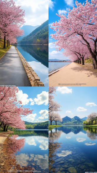 【核心构图】 9:16超宽画幅，模拟32k分辨率（32768×18432像素），采用14mm超广角视角。画面由天空（30%）、花树拱廊（40%）、镜面湖水（20%）、黛色山脉（10%）构成四层空间，小径延伸线与湖岸线呈45°对角线切割画面。 【环境参数】 • 天空：#004080钴蓝色，薄云层透射#ffd700金黄色阳光光柱 • 湖水：#008b8b深青渐变，倒影清晰度达水下1.5米，水草摇曳/游鱼鳞片反光可见 • 山脉：#4b5320墨绿针叶林，空气透视衰减模拟海拔300米远景 • 光照：f8景深控制，动态范围15档hdr效果，模拟每秒24帧动态光斑 【植物细节】 • 樱花垂柳拱廊：15米高双生树阵，樱花#ffd7e5粉白花瓣半透明，边缘绒毛纹理0.01mm级呈现，树皮裂纹3mm深斑驳质感 • 柳树：#翠绿垂枝，随风动态模糊处理 • 树影：0.3px笔刷描绘石板路光影纹路，枝干投影与花瓣光斑形成0.5mm级光影交织 【意境强化】 光影：花瓣间#ffd700金黄光斑随时间轴流动，露珠折射呈现0.01mm级晶状反光 透视：近景樱花树直径1.2米，远景缩小至0.3米，0.5%透视畸变增强纵深感 色彩：天空钴蓝→湖面天蓝→山体墨绿的冷暖渐变，光斑金黄与花瓣粉白形成互补色对比 细节：水面波纹采用液化工具+波纹滤镜，山脉采用渐变映射+模糊工具模拟空气透视 【创作建议】 • 混合模式：花瓣采用柔光+叠加突出半透明质感 • 笔刷精度：树影纹路使用0.3px笔刷，花瓣露珠采用0.01mm级晶状笔刷 • 风格参考：《国家地理》封面级自然摄影，重点表现"人在画中游"的沉浸式场景 • 输出要求：8k显示器预览，确保花瓣绒毛、树皮裂纹、光斑颗粒度达到0.5mm级视觉精度 湖泊 天空 农田 森林