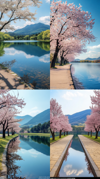 【core composition】 9:16 ultra-wide aspect ratio, simulating a 32k resolution (32768×18432 pixels), with a 14mm ultra-wide-angle view. the image consists of four layers of space: sky (30%), flower tree arcade (40%), mirror-like lake (20%), and dark mountains (10%). the path extends diagonally across the image at a 45° angle to the lake shore. 【environmental parameters】- sky: cobalt blue (#004080) with thin clouds transmitting golden sunbeams (#ffd700).- lake water: deep blue gradient (#008b8b) with clear reflections up to 1.5 meters underwater, water plants swaying/fish scales reflecting light visible.- mountains: dark green coniferous forest (#4b5320) with atmospheric perspective attenuation simulating a distant view of 300 meters.- lighting: f8 depth of field control, dynamic range of 15 stops hdr effect, simulating dynamic light spots at 24 frames per second.【plant details】- cherry blossom willow arcade: 15-meter-high twin tree array, cherry blossoms with #ffd7e5 pink-white petals semi-, edge velvet texture at 0.01mm level, bark cracks with 3mm deep mottled texture.- willow: green drooping branches, dynamically blurred with the wind.- tree shadows: 0.3px brush stone road light and shadow patterns, branch projections and petal light spots form 0.5mm-level light and shadow interweaving.【mood enhancement】- light and shadow: golden light spots (#ffd700) between petals flowing along the time axis, dewdrops refracting 0.01mm-level crystalline reflections.- perspective: close-up cherry blossom tree diameter 1.2 meters, distant view reduced to 0.3 meters, 0.5% perspective distortion enhancing depth.- color: sky cobalt blue → lake sky blue → mountain dark green cold and warm gradient, light spots golden and petal pink-white forming complementary color contrast.- details: water ripples using liquefaction tool + ripple filter, mountains using gradient mapping + blur tool to simulate atmospheric perspective.【creative suggestions】- blending mode: petals using soft light + overlay to highlight semi- texture.- brush precision: tree shadow patterns using 0.3px brush, petal dewdrops using 0.01mm-level crystalline brush.- style reference: national geographic cover-level nature photography, focusing on an immersive scene of "people in the painting."- output requirements: 8k display preview, ensuring the petal fuzz, bark cracks, and light spot granularity reach 0.5mm-level visual accuracy.lake, sky, farmland, forest