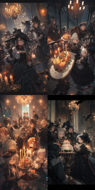 蛋仔派对与第五人格联动，哥特风格，暗黑城堡，神秘氛围，角色身穿维多利亚时代服装，面带诡异微笑，眼神深邃，构图对称，细节丰富，广角镜头，低角度拍摄，侧光，高对比度，冷色调，紧张神秘。