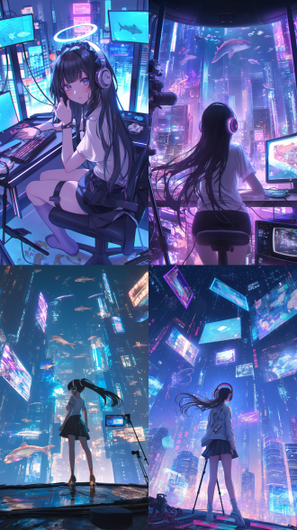 一个正在直播的妙龄少女，24岁，黑色长发，超短裤，白色t恤，头戴耳机，高楼大厦的屏幕都是她的直播现场及数据，直播场景，有鱼，直播摄像机和支架，立体风，热情，3d，赛博朋克风格