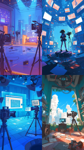 元宇宙插画背景，科技感，卡通，直播场景，摄像机，支架
