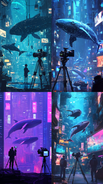 人物，元宇宙插画背景，科技感，直播公司场景，摄像机，支架，有鲸鱼，赛博朋克风格