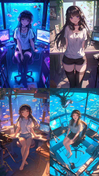 一个正在直播的妙龄少女，24岁，黑色长发，超短裤，白色t恤，头戴耳机，直播场景，有鱼，直播摄像机和支架 创风格 办公室 全身 人物视角 全景 橙色 环境光 重点照明 工作室照明 开心