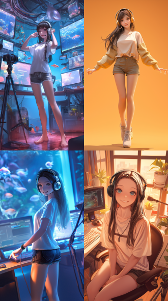 一个正在直播的酷酷女，24岁，黑色长发，超短裤，白色t恤，头戴耳机，直播场景，有鱼，直播摄像机和支架 创风格 办公室 全身 人物视角 全景 橙色 环境光 重点照明 工作室照明 开心