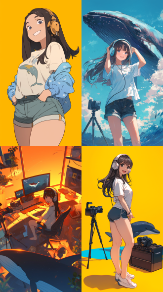 一个正在直播的酷酷女，24岁，黑色长发，短裤，白色t恤，头戴耳机，直播场景，鲸鱼，直播摄像机和支架 创风格 办公室 橙色 全身 人物视角 全景 环境光 重点照明 工作室照明 开心