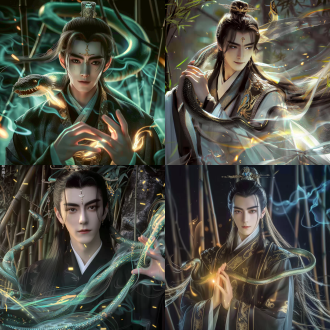 中国古装年轻帅哥，两条巨大的青蛇缠绕全身，长相俊美，身材修长，全身照，长发飘飘，额头印记，手指在做法，丁达尔效应，光芒万丈，竹林背景，远景，全身照，中国国潮风格，超现实主义，玄幻风格，8k高清，丰富细节，视觉震撼，蓝绿色掉