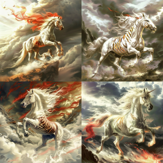 白马，红色的尾巴，尾巴飘逸，腹部老虎花纹，动感，嘶鸣，威严霸气，高山悬崖背景，狂风，云雾缭绕，唯美，中国国潮风格，超现实主义，玄幻风格，8k高清，丰富细节，视觉震撼，明亮色调